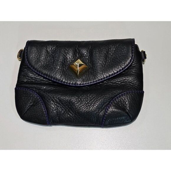 Black Genuine soft Leather Purse Purple Stitching Gold-Tone Accent Snap Closure - Picture 1 of 7